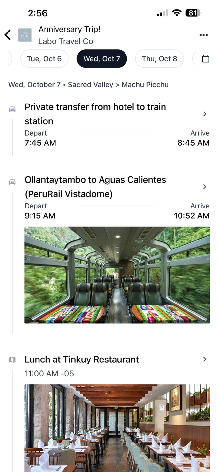 The trip app open to a day in Peru: a private transfer from the hotel to the station, the Vistadome train from Ollantaytambo to Aguas Calientes with departure and arrival times, then lunch at Tinkuy.